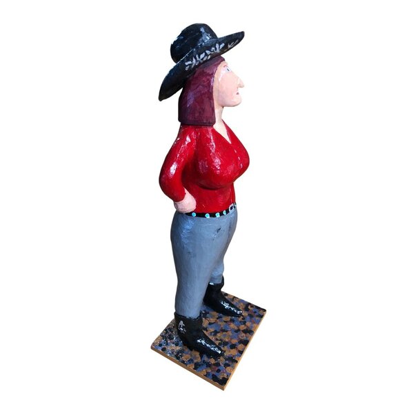 Folk Art Hand Carved Wooden Cowgirl Woman Figurine Western Black Hat Handmade - Picture 4 of 14